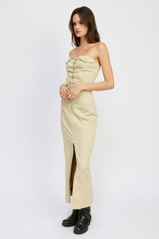 LACE UP CORSET DRESS WITH FRONT SLIT NATURAL by Emory Park | Fleurcouture