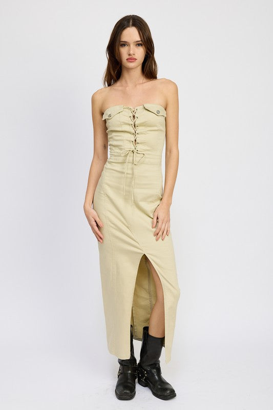 LACE UP CORSET DRESS WITH FRONT SLIT NATURAL S by Emory Park | Fleurcouture