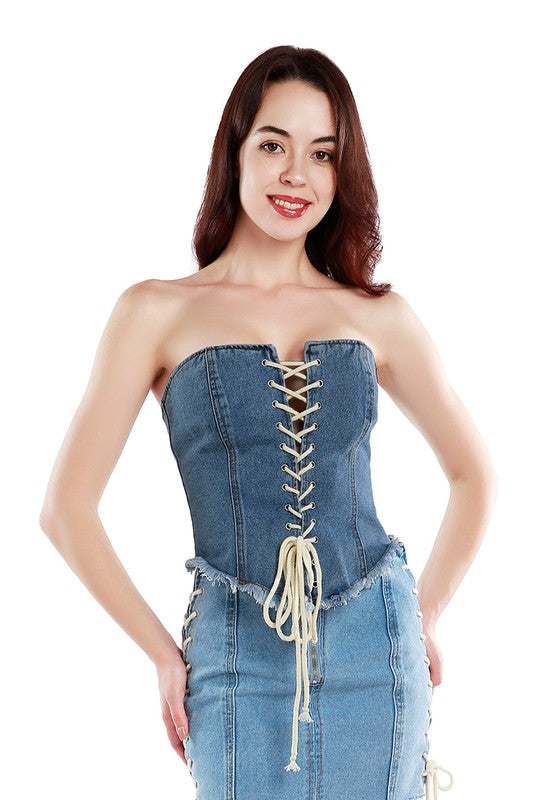 Lace Up Denim Corset Top Blue S by Rag Company | Fleurcouture