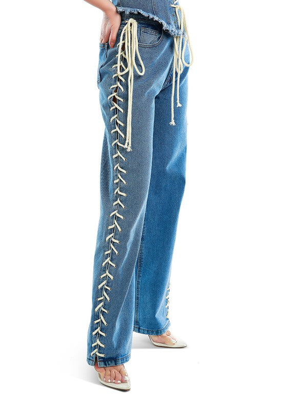 Lace Up Denim Trousers Blue by Rag Company | Fleurcouture