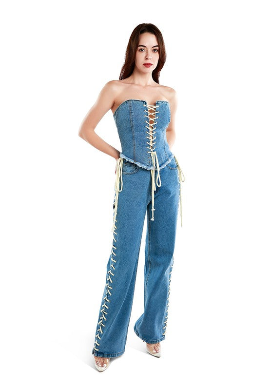 Lace Up Denim Trousers Blue S by Rag Company | Fleurcouture