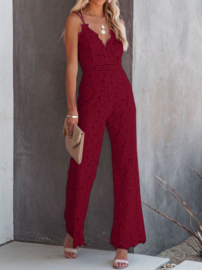 Lace V-Neck Spaghetti Strap Jumpsuit Jumpsuits by Trendsi | Fleurcouture