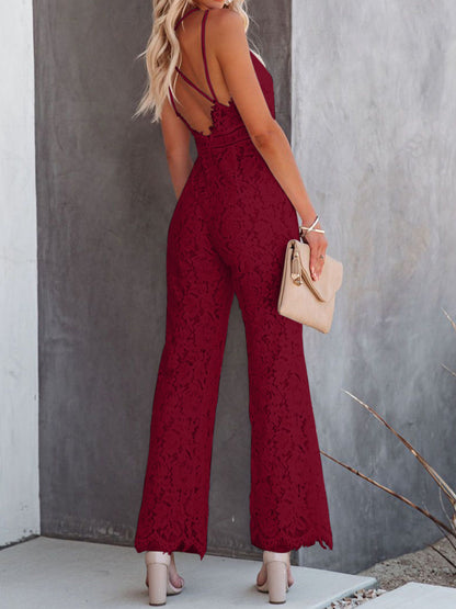 Lace V-Neck Spaghetti Strap Jumpsuit Jumpsuits by Trendsi | Fleurcouture