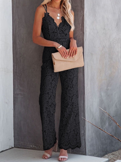 Lace V-Neck Spaghetti Strap Jumpsuit Jumpsuits by Trendsi | Fleurcouture