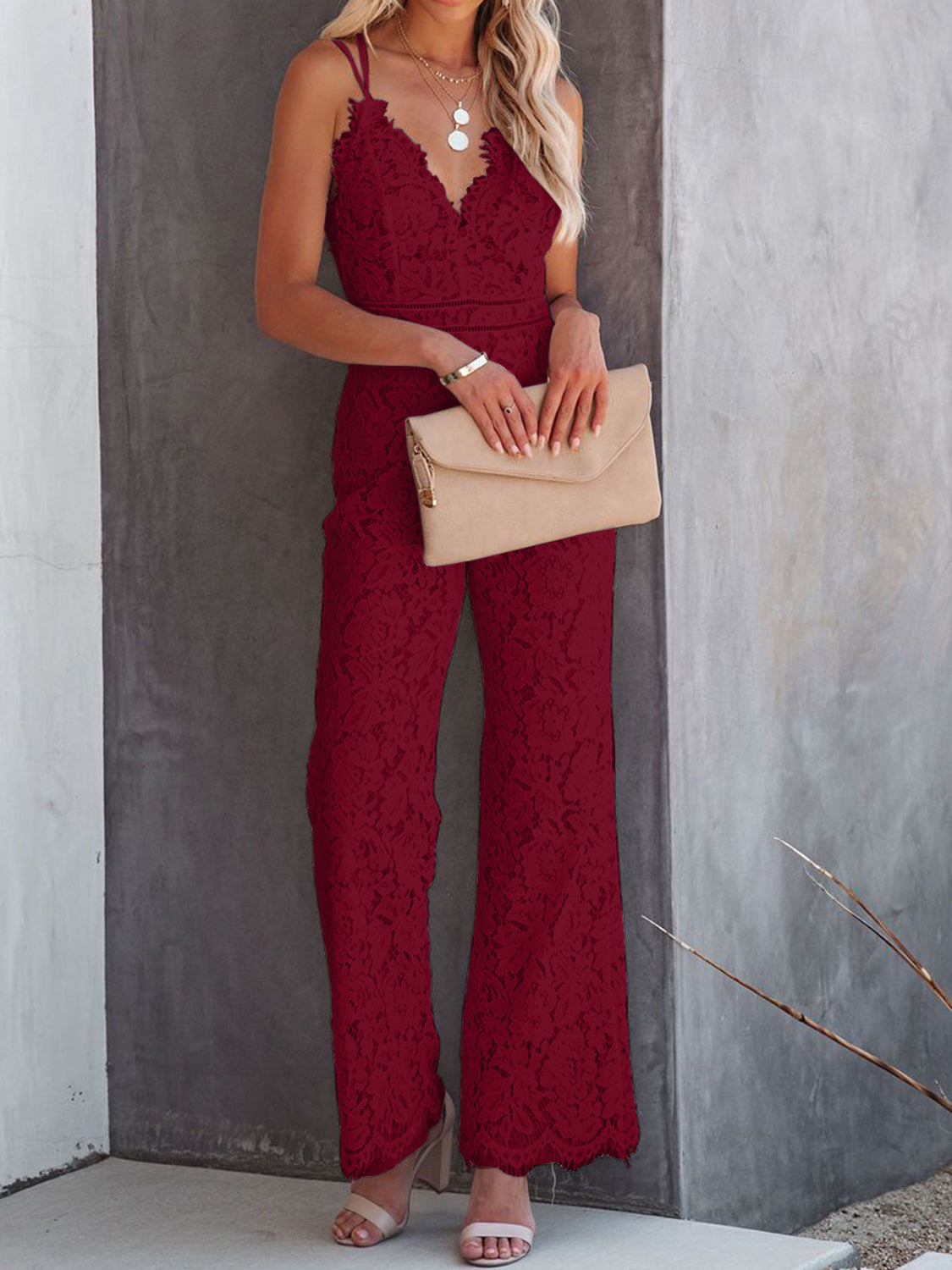 Lace V-Neck Spaghetti Strap Jumpsuit Wine XS Jumpsuits by Trendsi | Fleurcouture