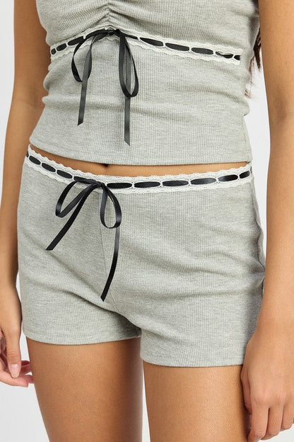 LACE WAIST MINI SHORTS WITH DRAWSTRING H GREY by Emory Park | Fleurcouture