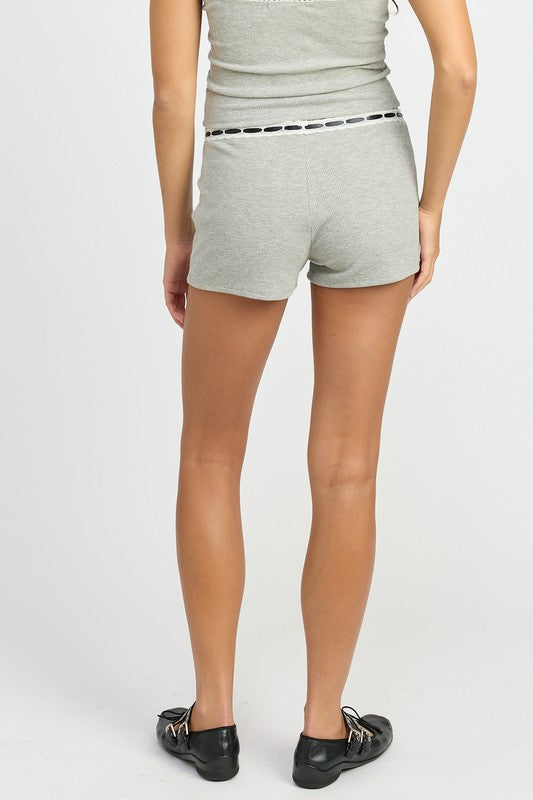 LACE WAIST MINI SHORTS WITH DRAWSTRING H GREY by Emory Park | Fleurcouture