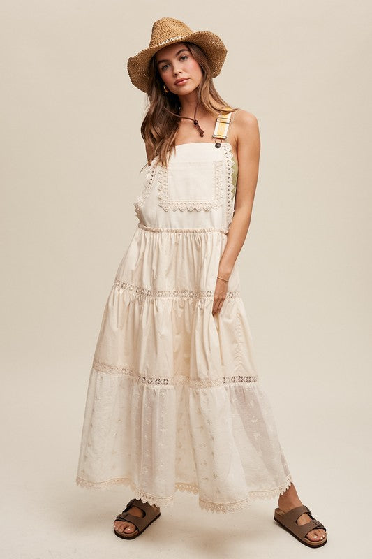 Laced and Tiered Romantic Overall Maxi Dress Champagne S by Listicle | Fleurcouture