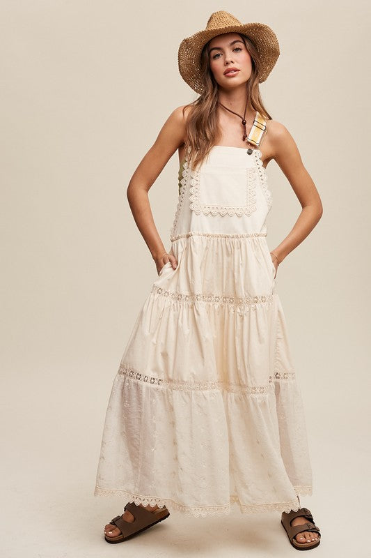 Laced and Tiered Romantic Overall Maxi Dress by Listicle | Fleurcouture