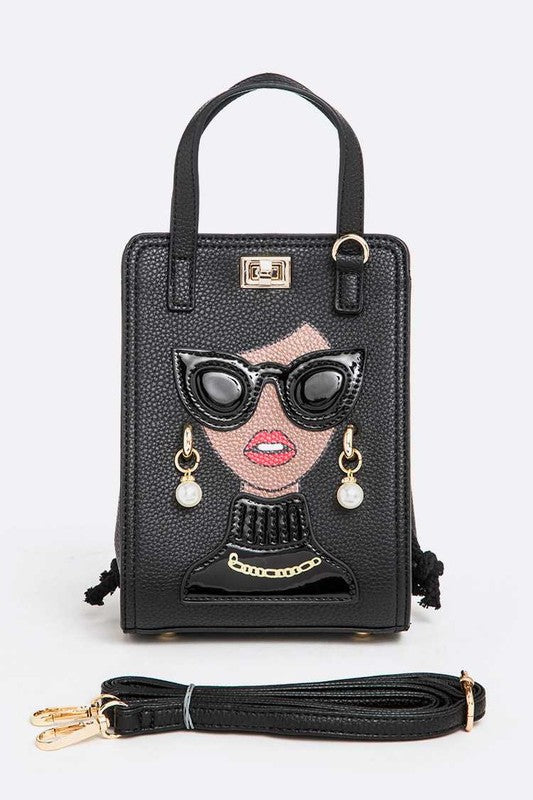Lady In Glasses Convertible Top Handle Bag Black O/S by Artini Accessories | Fleurcouture