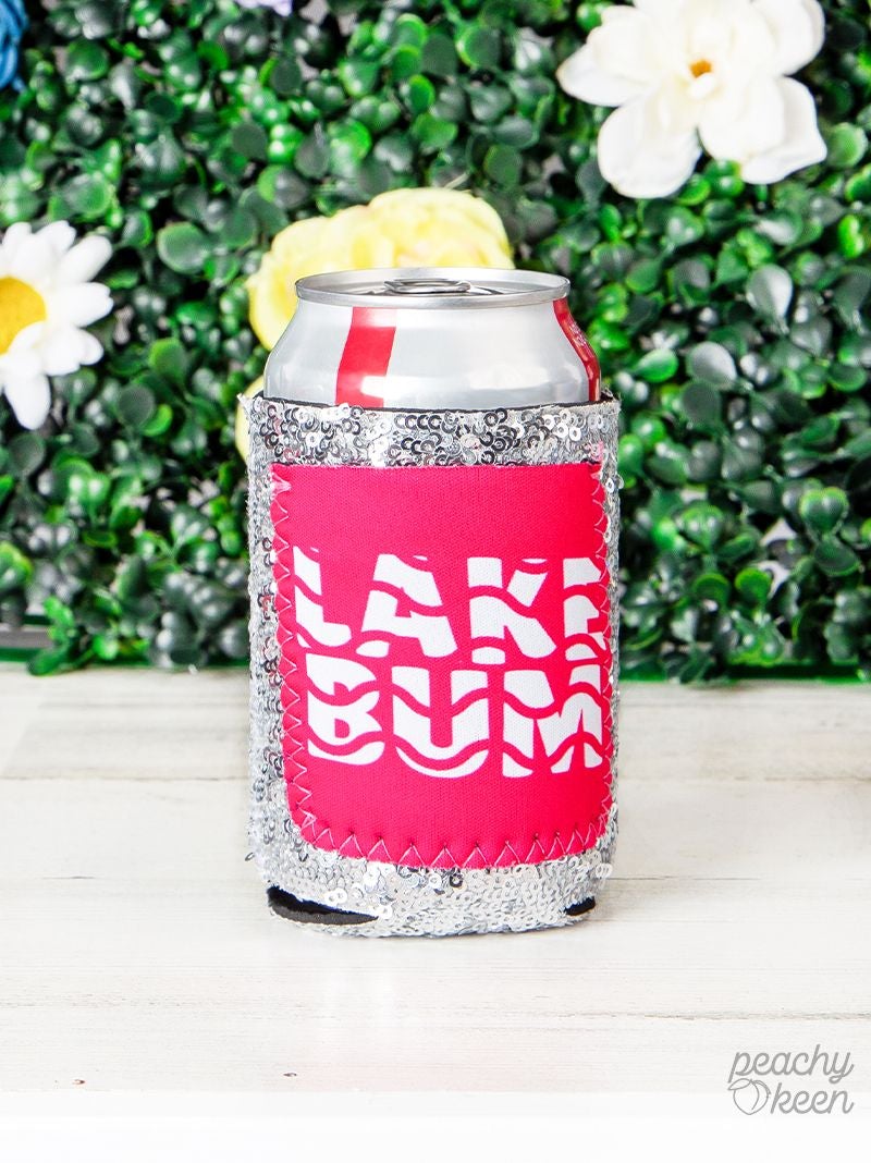 Lake Bum Sequin Can Cooler White One Size Can Coolers by Southern Grace | Fleurcouture