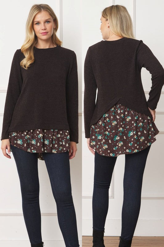 Layered Floral Tulip Hem Back Accent Top brown 1X by EG fashion | Fleurcouture