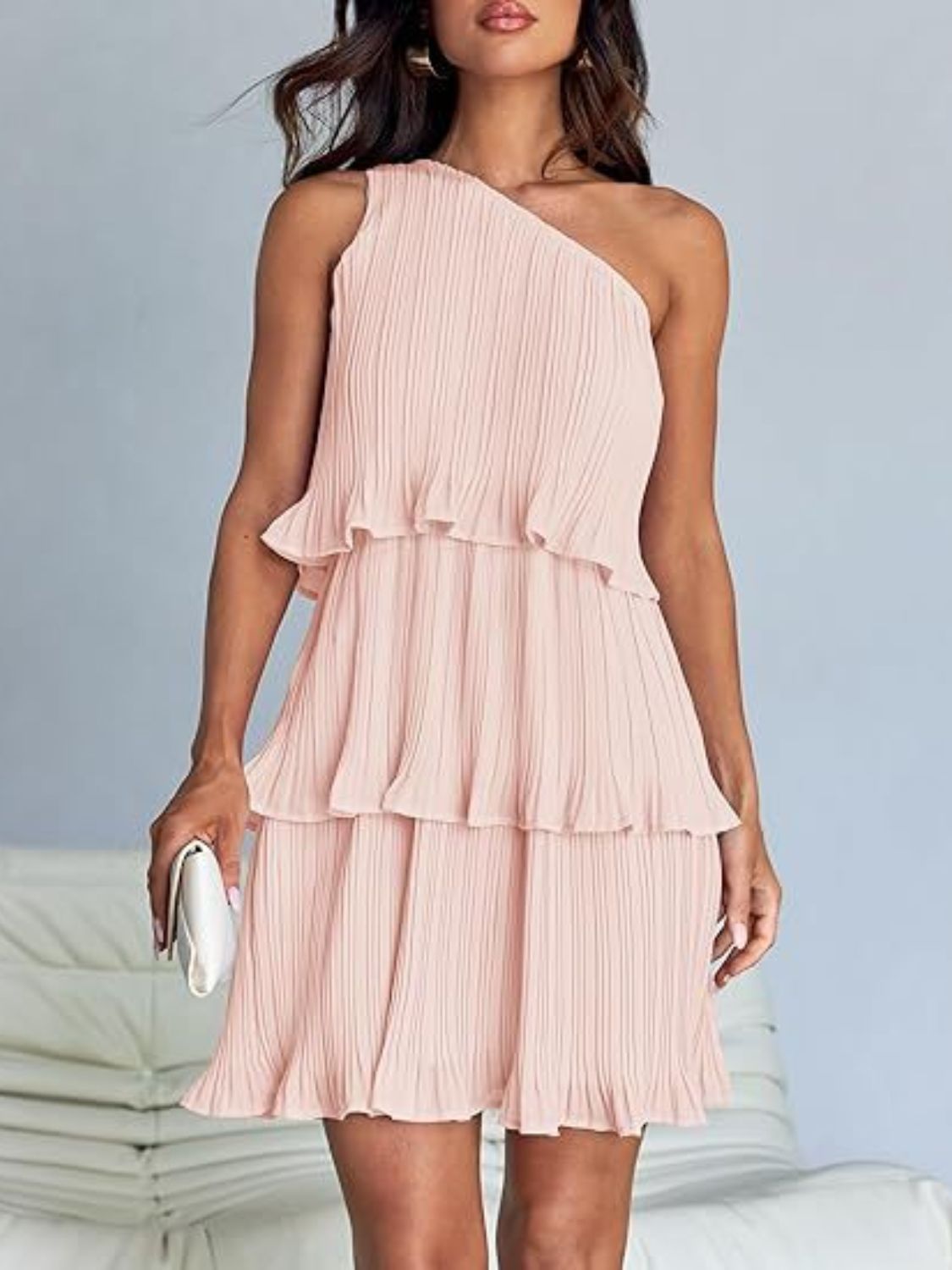 Layered Single Shoulder Mini Dress Blush Pink S Women&