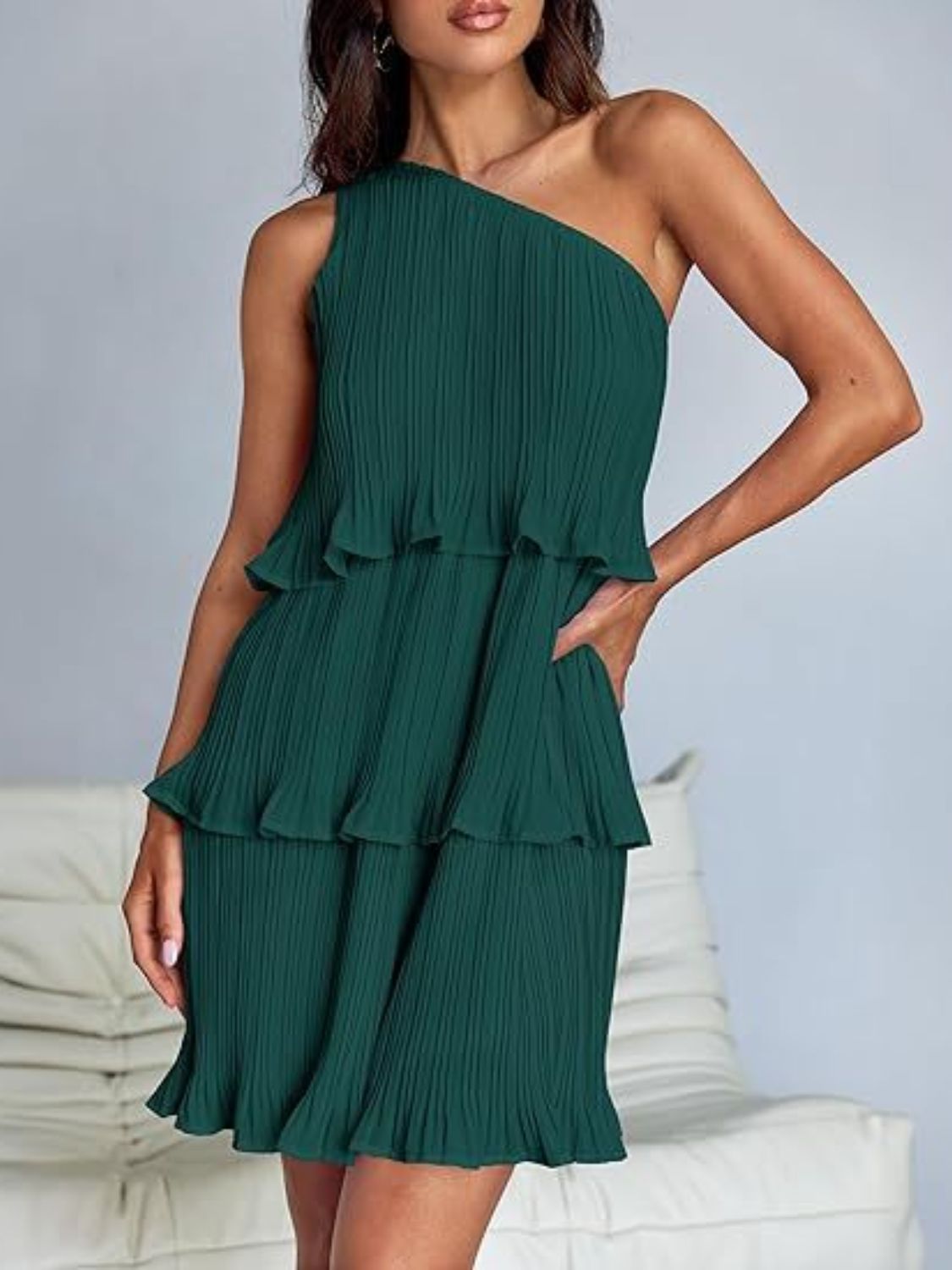 Layered Single Shoulder Mini Dress Dark Green S Women&