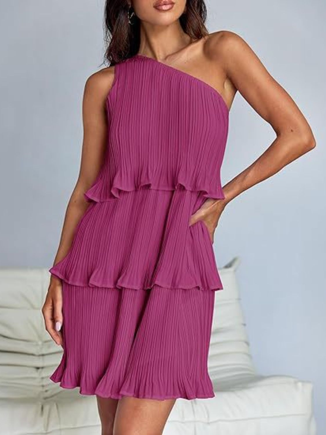 Layered Single Shoulder Mini Dress Red-Violet S Women&