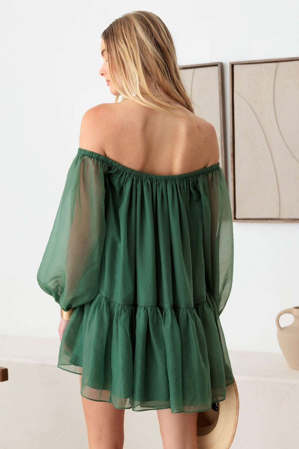 Le Lis Organza Off Shoulder Puff Sleeve Mini Dress Green Women&