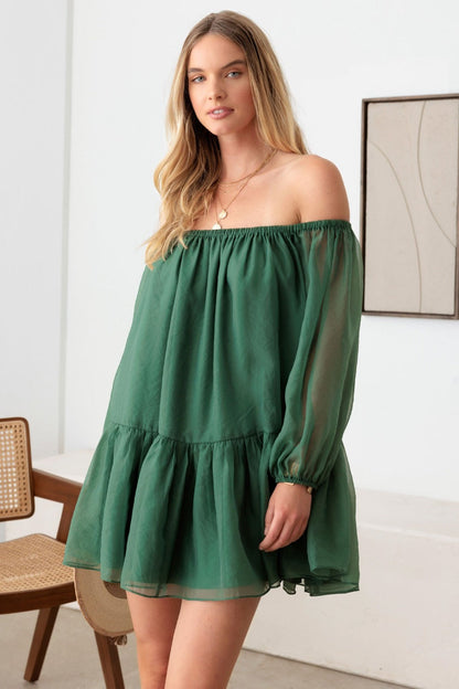 Le Lis Organza Off Shoulder Puff Sleeve Mini Dress Green XS Women&