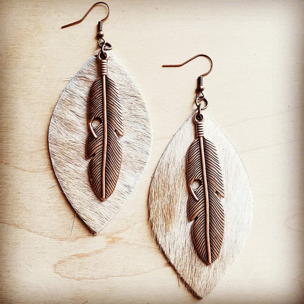 Leather Oval Earrings in Hair with Copper Feather white 1 by The Jewelry Junkie | Fleurcouture