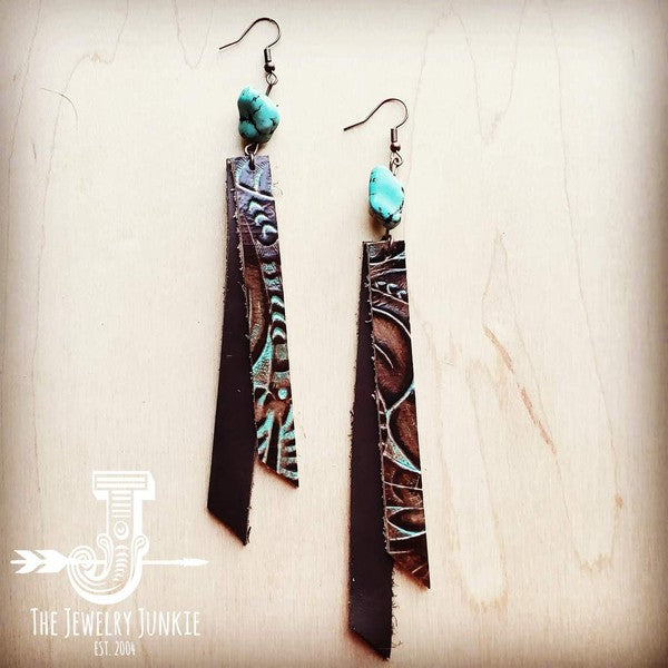 Leather Rectangle Earring in Turquoise Floral brown 1 by The Jewelry Junkie | Fleurcouture