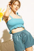 LEATHER SHORTS WITH POCKETS ELASTIC AND DRAWSTRING Storm Blue S by Sweet Generis | Fleurcouture