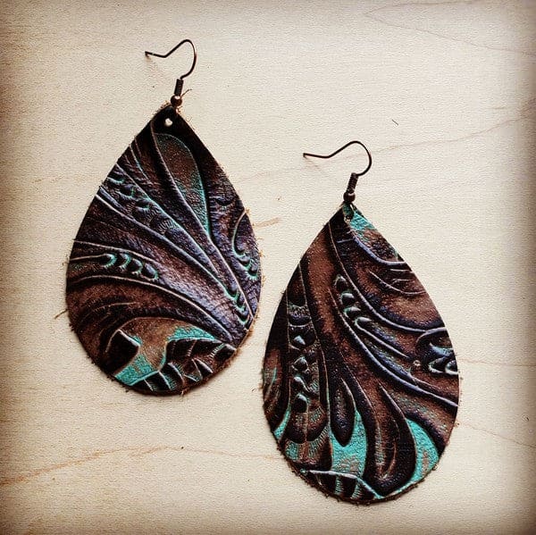 Leather Teardrop Earrings in Turq Brown Floral brown 1 Jewelry by The Jewelry Junkie | Fleurcouture