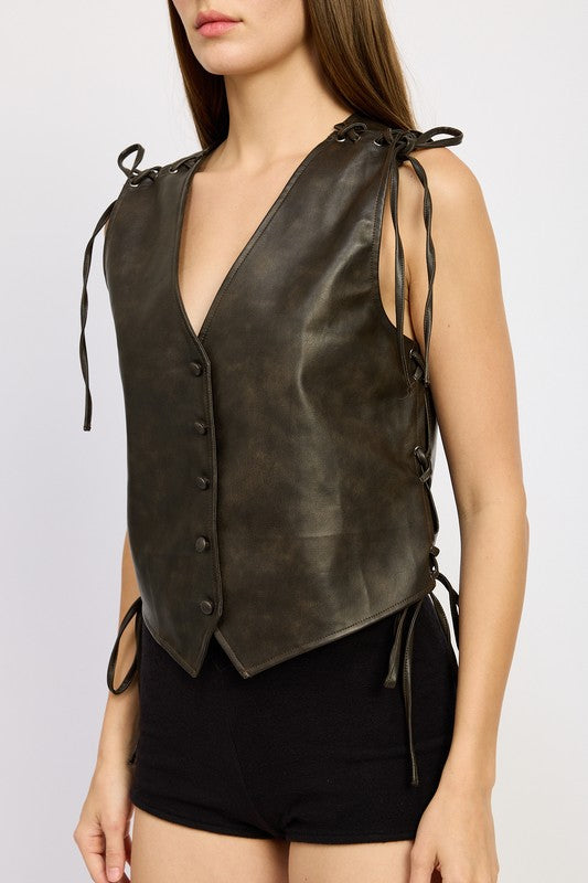 LEATHER VEST WITH LACE DETAIL DARK BROWN by Emory Park | Fleurcouture