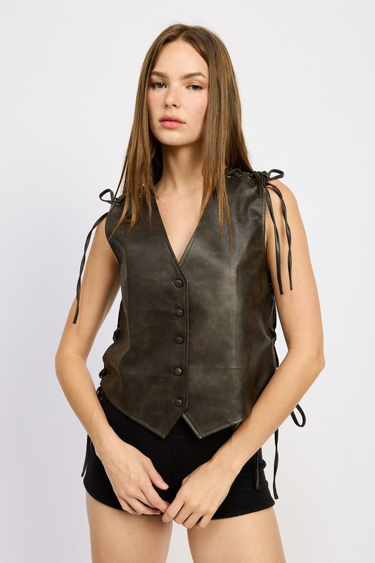 LEATHER VEST WITH LACE DETAIL DARK BROWN by Emory Park | Fleurcouture