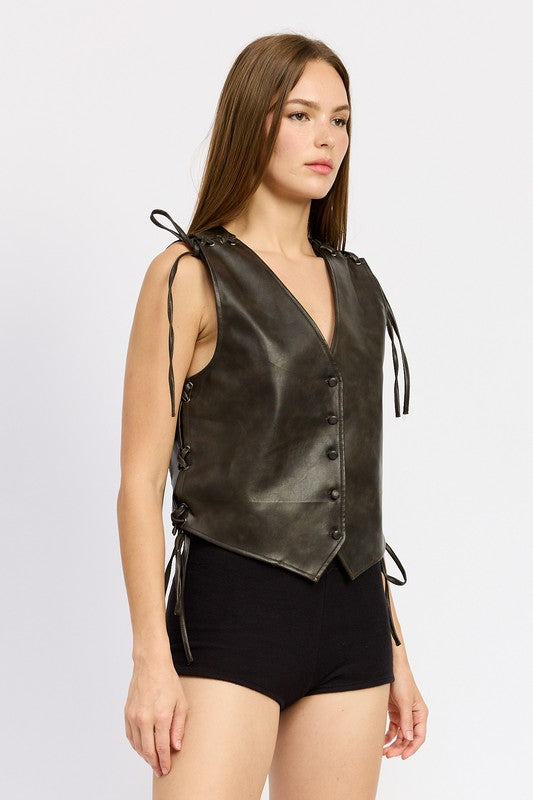 LEATHER VEST WITH LACE DETAIL DARK BROWN by Emory Park | Fleurcouture