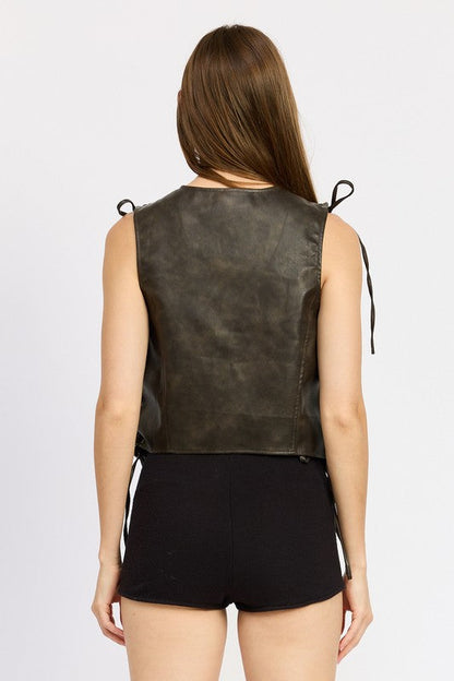 LEATHER VEST WITH LACE DETAIL DARK BROWN by Emory Park | Fleurcouture