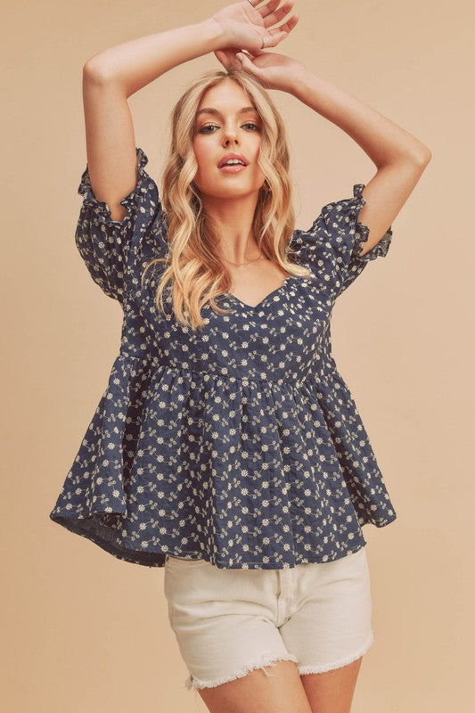 Leia Embroidered Top NAVY S by Aemi + Co | Fleurcouture