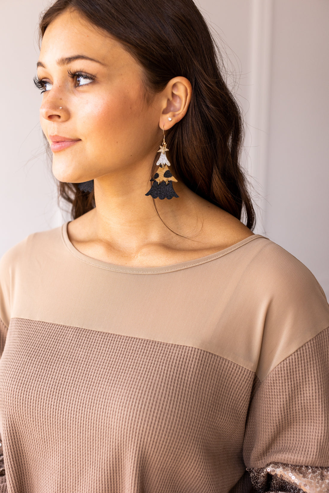 Leopard and Glitter Tiered Christmas Tree Earrings Leopard One Size Earrings by Grace & Emma | Fleurcouture