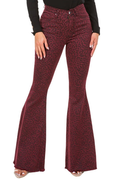 Leopard Bell Bottom Jean in Burgundy burgundy 3 by GJG Denim | Fleurcouture