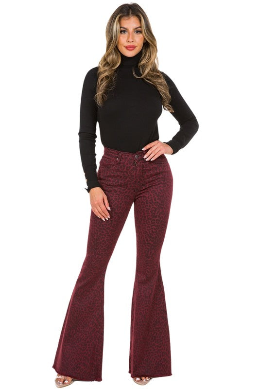 Leopard Bell Bottom Jean in Burgundy burgundy by GJG Denim | Fleurcouture