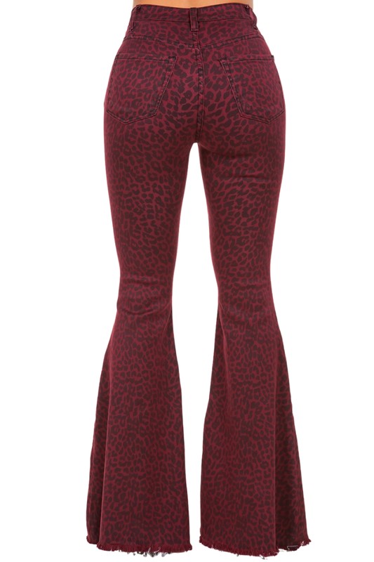 Leopard Bell Bottom Jean in Burgundy burgundy by GJG Denim | Fleurcouture