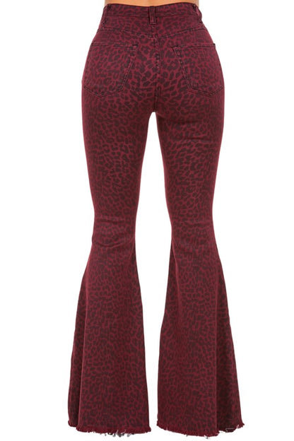 Leopard Bell Bottom Jean in Burgundy burgundy by GJG Denim | Fleurcouture