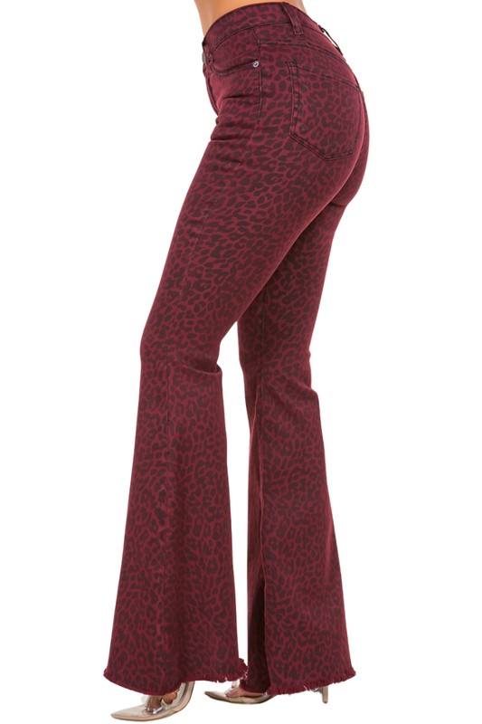 Leopard Bell Bottom Jean in Burgundy burgundy by GJG Denim | Fleurcouture