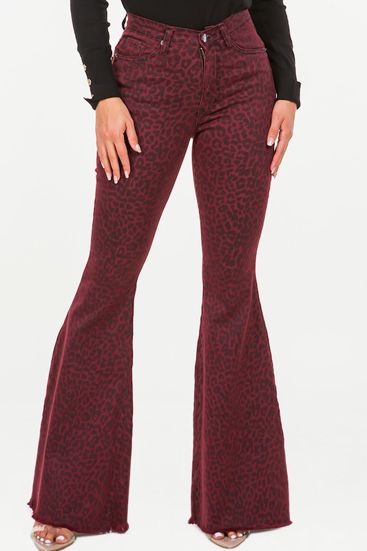 Leopard Bell Bottom Jean in Burgundy- Inseam 32 RED 3 by GJG Denim | Fleurcouture