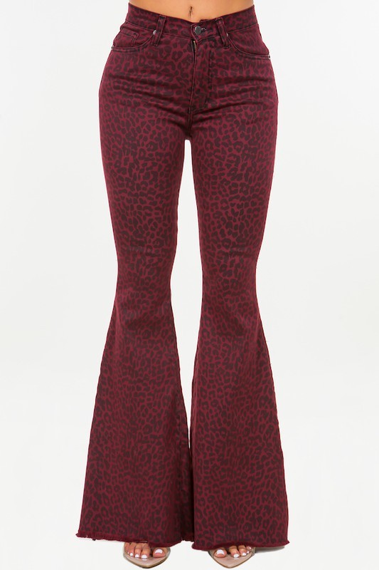 Leopard Bell Bottom Jean in Burgundy- Inseam 32 RED by GJG Denim | Fleurcouture