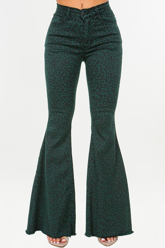 Leopard Bell Bottom Jean in Green- Inseam 32 Green 3 by GJG Denim | Fleurcouture