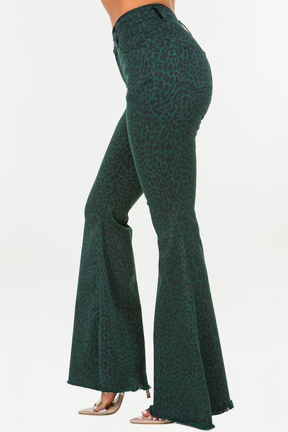 Leopard Bell Bottom Jean in Green- Inseam 32 Green by GJG Denim | Fleurcouture