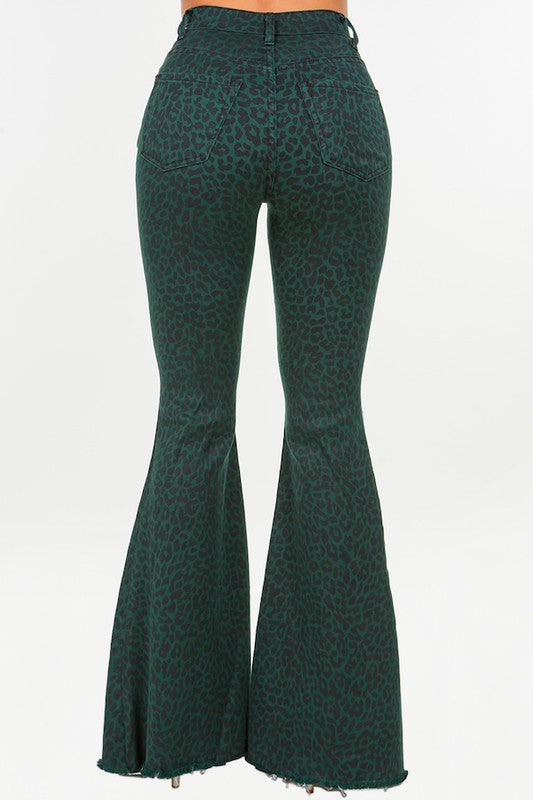 Leopard Bell Bottom Jean in Green- Inseam 32 Green by GJG Denim | Fleurcouture