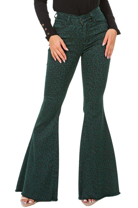 Leopard Bell Bottom Jean in Pine Green green 3 by GJG Denim | Fleurcouture