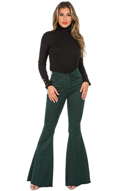 Leopard Bell Bottom Jean in Pine Green green by GJG Denim | Fleurcouture