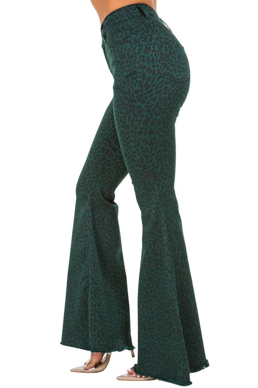 Leopard Bell Bottom Jean in Pine Green green by GJG Denim | Fleurcouture