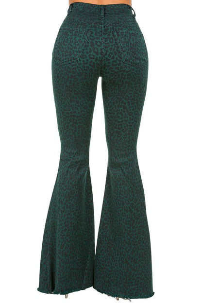 Leopard Bell Bottom Jean in Pine Green green by GJG Denim | Fleurcouture