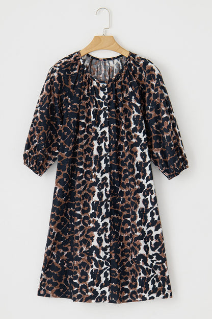 Leopard Button Up Half Sleeve Mini Dress Leopard Women&