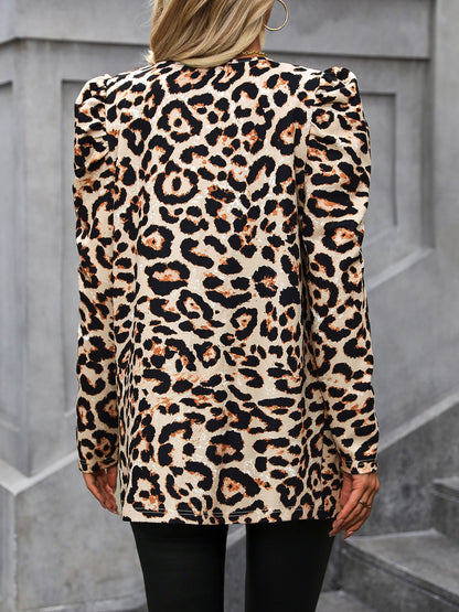 Leopard Open Front Puff Sleeve Jacket Leopard Women&