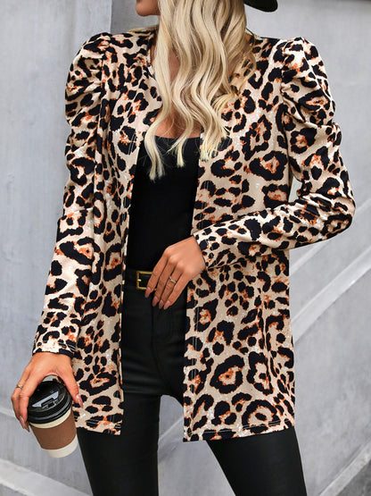 Leopard Open Front Puff Sleeve Jacket Leopard Women&