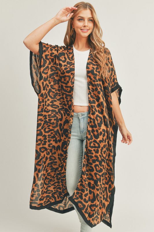 Leopard Print Front Open Long Kimono BROWN OS by ICCO ACCESSORIES | Fleurcouture