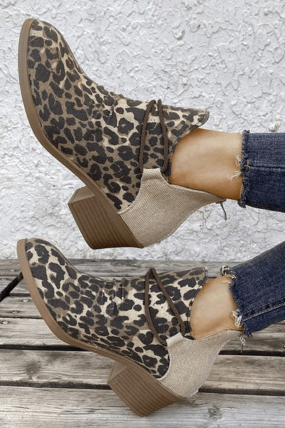 Leopard Retro Canvas Patchwork Chunky Heel Booties Leopard 100%PVC Shoes &amp; Bags by Fleurcouture | Fleurcouture